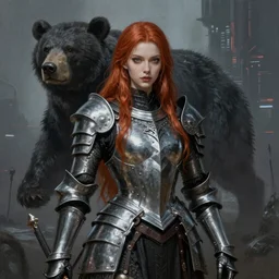 ultra realist and ultra intricate detailed soft painting of a beautiful gothic armored female war bear cavalry , thin lustrous long auburn hair, symmetry features, sensual gloomy style, volumetric clouds,  cyberpunk background, artstation,  unreal render, depth of field