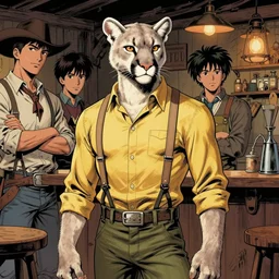 beautiful portrait commission of a male furry anthro!!! albino mountain lion wearing a yellow button-down shirt, olive green slacks, and suspenders. Atmospheric. Old-timey saloon. Character design by charlie bowater, ross tran, artgerm, and makoto shinkai, detailed, inked, western comic book art