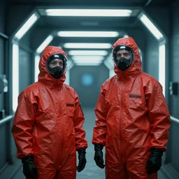 two scientists wearing red rick owens hazmat suits in a tunnel of neon fluorescent lights by frank frazetta