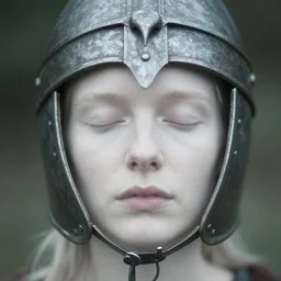 small medieval helm, out of focus!!!! photorealistic portrait of a beautiful pale woman by saul leiter, very blurry!!!!, translucent white skin, closed eyes, foggy, pale lips