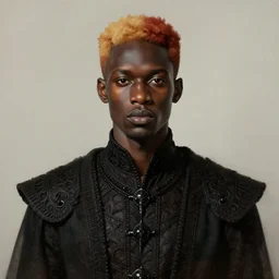 a professionally painted african male model , clothed in gothic wear, dark skin, reddish gold hair, beautiful bone structure, symmetrical features, intricate, elegant, digital painting, smooth grain, sharp focus, illustration, no cropping, made by Kehinde Wiley, Kara Walker, Jacob Lawrence, Sam Gilliam, Edmonia Lewis,