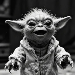 horror yoda, black and white grainy film, screaming by maxim verehin