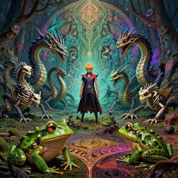 The goblin breaker Eriol and their skeletal pack of nagas are hiding on the irradiated island. intricate detailed glowing engravings, ornate, ancient forest, vibrant colors, frog perspective, D&D, Magic The Gathering, by Craig Mullins, volumetric lighting,
