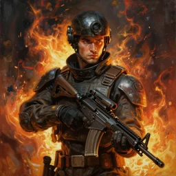 painting _ by _ donato _ giancola _ cyberpunk _ soldier _ armed _ dangerous _ fire _