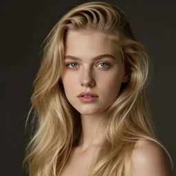 portrait of a young pretty blonde girl with a long hair, elegant, photorealistic, sharp focus, filling light,