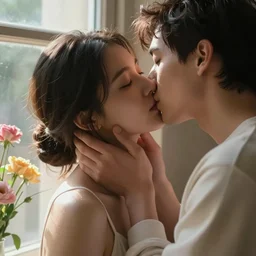 charming hyper realistic cinematic photo portrait scene, of very sweet lovers kissing by the lighted window. flowers. clear face. subsurface scattering shiny skin. beautiful lighting, 4 k post - processing, trending in art station, cg society, highly detailed, 5 k extremely detailed, 3 d. cinematic scene. sharp image.