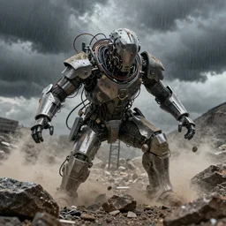 human covered in electronic wires futuristic devices, partly steel armor, dust particles, covered in dust, grind, rocks, dark clouds, rainy