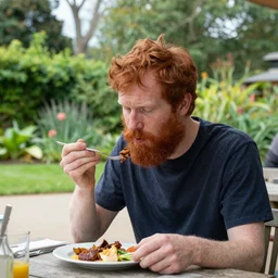 red headed man with beard having lunch in a bright beautiful botanical gardens with a foundation in the background, edward hopper