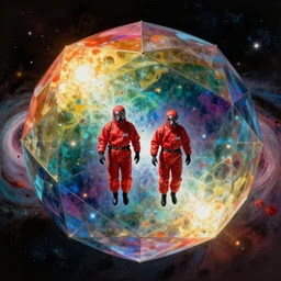 two scientists wearing red hazmat suits floating into a giant rainbow colored polyhedron hovering above a nebula sky by frank frazetta