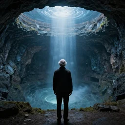 a famous mathematician on the border of infinity, looking into the abyss, searching for an answer, dramatic, perspective, by tim white