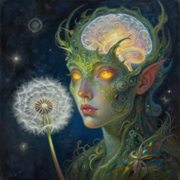 portrait oil painting, abstract expression, astral energy, dimensional consciousness, fantastical, ultra realistic, dandelion in a symbiosis with a plant monster at night, glowing eyes, amber, intricate details, artefacts, luminous skies, transparent brain, highly detail
