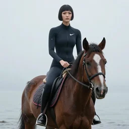horse riding on water, youthful asian blade runner demure, 3 5 mm, exquisite features, feminine cut, pris mascara, nike frontiers in flight neoprene suit, misty, stephane sednaoui, id magazine photoshoot