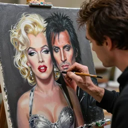 a closeup photorealistic photograph of bob ross working on a canvas painting of marilyn manson. film still. brightly lit scene. this 4 k hd image is trending on artstation, featured on behance, well - rendered, extra crisp, features intricate detail, epic composition and the style of unreal engine.