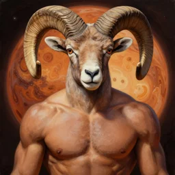 ram warrior, brazilian man light brown skin, mars planet imagery, bighorn sheep, digital oil paining by artgerm, greg rutkowski, mucha, portrait | art nouveau. d & d. ornate intricate detail, complimentary fire colors. sharp edges. clear detailed. 8 k. elegance