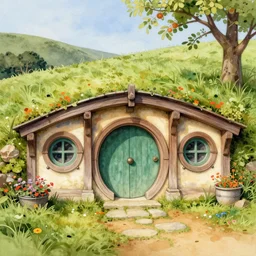 jean - baptiste monge painting of a hobbit house. retro airbrush detailed. loose watercolor with hard edges ( ( ( ( ( 1 9 5 0 s retro flower with vines, moss and mushrooms. with white paper background. ) ) ) ) ) by jean - baptiste monge,!!!!!!!!!