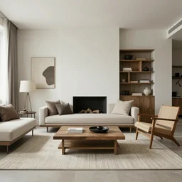 modern light colored interior design, no dark colors, sophisticated, modern, rustic details, furniture magazine, promotional photography