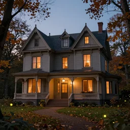 a stunnng victorian house in the woods at dusk, ultra detailed, warm interior light, autumn, cinematic shot, photorealistic, octane render, high definition, fine details, fairy mood, fireflies, 8 k