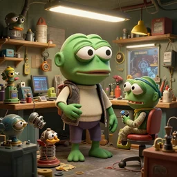 an extremely cluttered animatronic pepe repair shop in 2067, art by Josan Gonzales and Dan Hillier, extremely detailed, fine detail, 8K