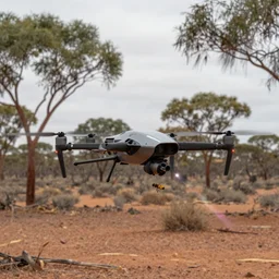 biomimetic dronecraft flying over a food forest, killing wasps with a laser in the australian desert, XF IQ4, 150MP, 50mm, F1.4, ISO 200, 1/160s, natural light