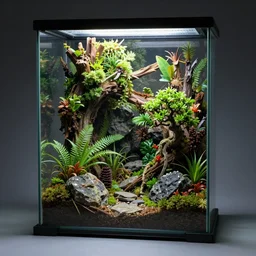 a closed solid glass terrarium containing a miniature jungle with exotic plant life, tiny rocks, bonsai trees, natural mini gardens, acrylic painting by nick garbutt, artstation, concept art, award winning,