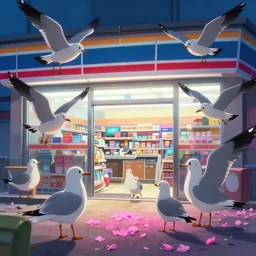 a group of seagulls plotting to raid the local convenience store, studio Ghibli, Pixar and Disney animation, sharp, Rendered in Unreal Engine 5, Greg Rutkowski, Bloom, dramatic lighting, luminism