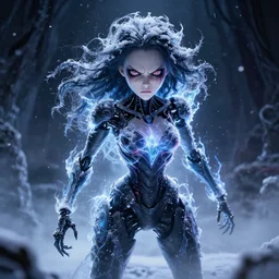 photorealistic full body shot of masterpiece angry ( ( darkness android ) ) anime girl, beautifull lovely eyes, electric aura with particles, snowing frozen ice, darkness background, inspired by tim burton, detailed, unreal engine 4 k, volumetric light, fog