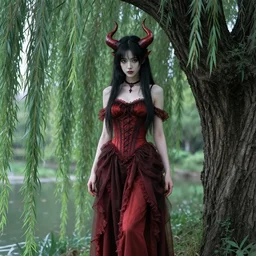 photorealistic demonic anime girl standing under a willow tree in the style of thomas kinkade and greg rutkowski. hyperdetailed photorealism by michael whelan, 1 0 8 megapixels, 1 0 k resolution, cinematic lighting
