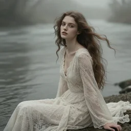 cinestill 5 0 d depht of field portrait of a dreamy beautiful pre - raphaelite siren in style of annie liebovitz sitting on a river in a dystopian sea environment, long lace dress and hair floating, elegant, highly detailed, pale tonal matt, soft blur, artstation, head in focus