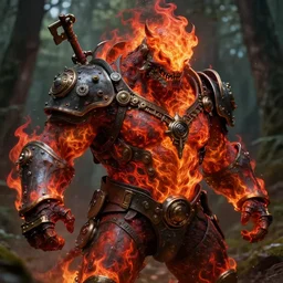 picture of a steampunk fire monster, burly, black and red fire, finesse, key visual, realistic shaded perfect face, fire, fine details, forest background, smooth, highly detailed, digital illustration, by artgerm, rossdraws, frank franzzeta