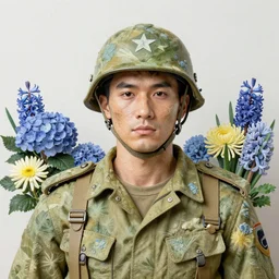 handmade character portrait of a vietnam war american soldier covered in amaratyllis, hydrangea, chrysanthemum and hyacinth, in a stunning and thematic landscape in the style of artgerm and enki bilal and bastien lecouffe - deharme, wlop, line art, watercolor, cinematic lighting, hyperdetailed, 8 k realistic, global illumination, frostbite 3 engine, cryengine, dof, trending on artstation, digital art, chanel