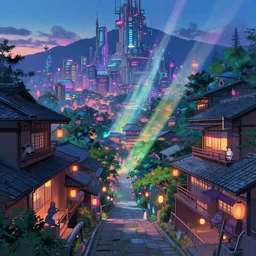 a beautiful japanese city in the mountain, amazing ryokans and gorgeous edo era houses, yokai characters. epic cyberpunk. visible pipes, lanterns, lofi vibe, vivide colors, amazing light, light beams with dust, mesmerizing nature, by jeremy lipkin, by claude monet, by makoto shinkai, futuristic city, inspired by ghibli, masterpiece