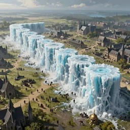 powerful thick icewall in the middle of an open medieval battlefield, highly intricate details, trending on artstation, cgsociety, 8 k, cinematic, unreal engine, octane render, illustration digital painting, sharp focus, art by wlop and greg rutkowski, rule of thirds, golden ratio, ambient lighting