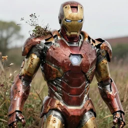 overgrown, rusted, scratched, dented, and battle damaged iron man suit, 4k realistic photo