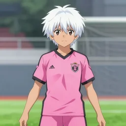 teenage hispanic girl, white hair, short hair, pink soccer uniform, anime, cain kuga