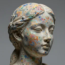 an intricate and extremely detailed sculpture of a female head covered with a colorful fractal texture