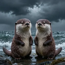 my little everything, happy brave magical cuteness, fantasy otter love, otters holding hands side by side in the very scary stormy sea, he holds her while she sleeps, hyper - realism, 8 k octane render, cinematic, epic true love
