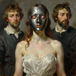 The waist-high portrait of beautiful woman with closed eyes in steel full-face occult mask with number XCIX on her forehead by Ilya Repin, William Blake, Michelangelo da Caravaggio and Beksinski, highly detailed oil painting, trending by artstation, fantasy character, 4k, masterpiece