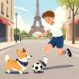 illustration of french boy on the streets of paris playing football against a corgi, the dog is wearing a polka dot scarf, comic, 1 9 6 6
