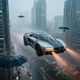 Rainy atmosphere flying cars futuristic city skyscrapers umbrellas cyberpunk, cinematic shoot in 4K cameras, godrays, lens flares, 70 mm sigma lens.