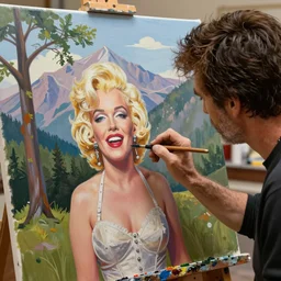 a closeup photorealistic photograph of bob ross working on a canvas painting of marilyn manson. happy trees, mountain scape. film still. brightly lit scene. this 4 k hd image is trending on artstation, featured on behance, well - rendered, extra crisp, features intricate detail, epic composition and the style of unreal engine.