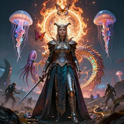 viking queen photograph, on a battlefield, high tech, cyberpunk, dystopian, jellyfish phoenix dragon, butterfly squid, burning halo, intricate artwork by Conrad Roset and Brooke Shaden, very coherent symmetrical artwork, cinematic, hyper realism, high detail, octane render, unreal engine, 8k, Vibrant colors, Smooth gradients, High contrast, depth of field,
