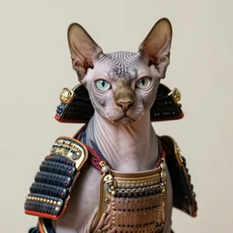 hairless cat wearing samurai armor, subtle detail, beautiful