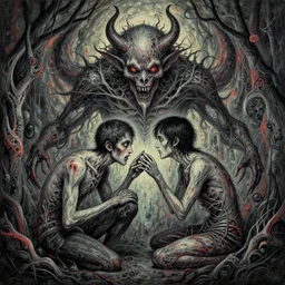 symmetrical, complex, copic markers, spiritual horror lsd art in muted colors, disturbing grunge still of a lovecraftian demon infested guy flirting with you, by arthur adams, by tom bagshaw, by henry asencio, by kikuchi hideyuki
