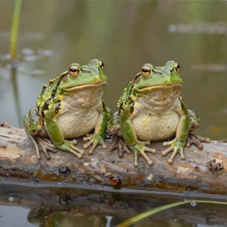 An oil painting of two frogs sitting next to each other.  The frogs are on top of a log.  The log is in a pond.