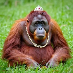 pink orangutan wearing a pearl necklace and a tiara sat in a field of grass. close up, national geographic photograph 4 k