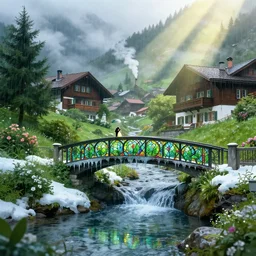 swiss mountain village, ornate, beautiful, atmosphere, vibe, mist, smoke, chimney, rain, reflection, pristine, puddles, waterfall, melting, dripping, snow, creek, lush, ice, bridge, green, stained glass, forest, flowers, concept art illustration, color page, 4 k, tone mapping, doll, akihiko yoshida, james jean, volumetric lighting, sunbeams, particles, trending on artstation