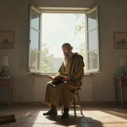 a man is sitting on a stool in the middle of a room. he has a long, thin beard and is wearing a robe. he is holding a book in his lap and has a large, open window behind him. the room is filled with light from the sun shining through the window, digital art, trending on artstation