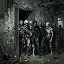 A horrific sinister painting of souls of the dead queueing up outside a door in an abandoned warehouse by Tom Bagshaw, Dan Mumford, Dariusz Zawadzki, Todd McFarlane, and Erik Johansson.