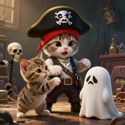 a full color still frame from a freaky live action kids tv show about pirate kitten, skull puppet and a sad dumb ghost, tickle fight