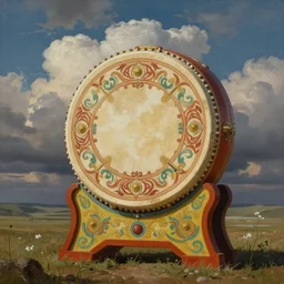 a beautiful painting of a highly decorated round shamanic drum on the ground, with a beautiful cloudy sky, fantasy art, matte painting